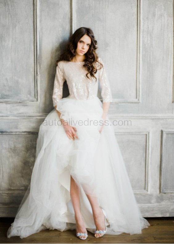 Elbow Sleeve Ivory Sequin Tulle Wedding Dress